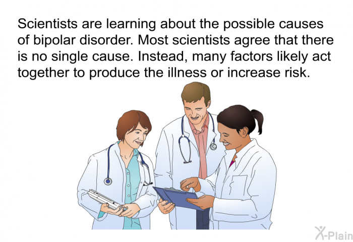 Scientists are learning about the possible causes of bipolar disorder. Most scientists agree that there is no single cause. Instead, many factors likely act together to produce the illness or increase risk.