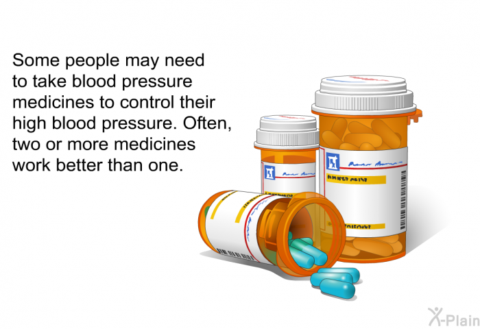 Some people may need to take blood pressure medicines to control their high blood pressure. Often, two or more medicines work better than one.