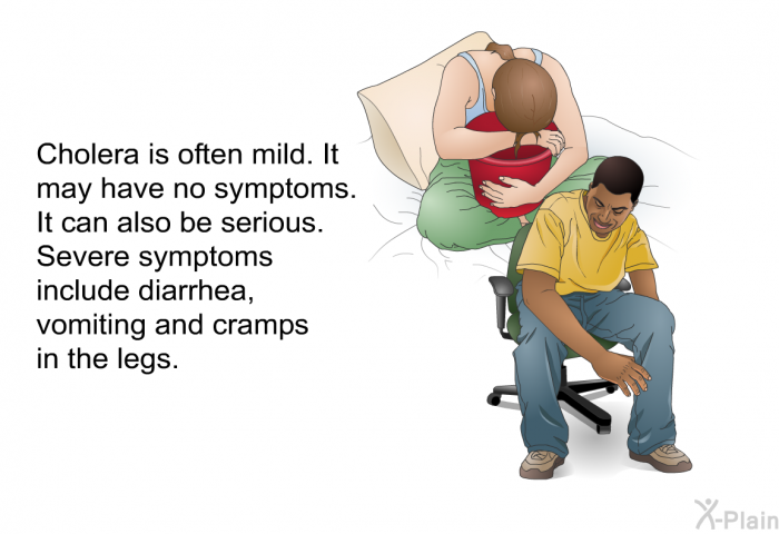 Cholera is often mild. It may have no symptoms. It can also be serious. Severe symptoms include diarrhea, vomiting and cramps in the legs.