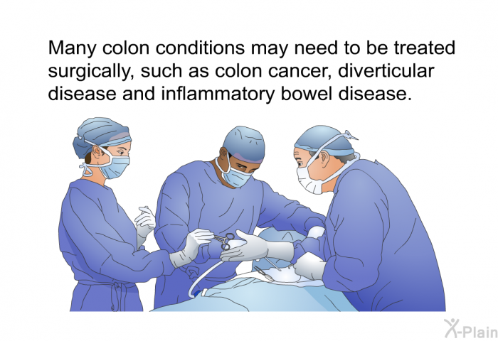 Many colon conditions may need to be treated surgically, such as colon cancer, diverticular disease and inflammatory bowel disease.