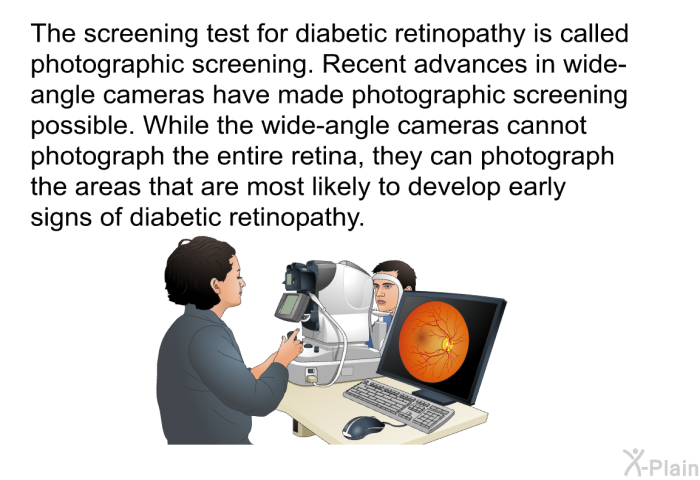 The screening test for diabetic retinopathy is called photographic screening. Recent advances in wide-angle cameras have made photographic screening possible. While the wide-angle cameras cannot photograph the entire retina, they can photograph the areas that are most likely to develop early signs of diabetic retinopathy.