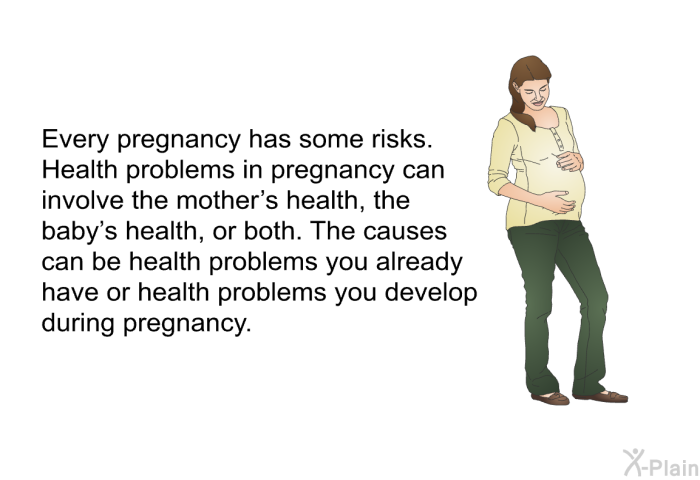 Every pregnancy has some risks. Health problems in pregnancy can involve the mother's health, the baby's health, or both. The causes can be health problems you already have or health problems you develop during pregnancy.