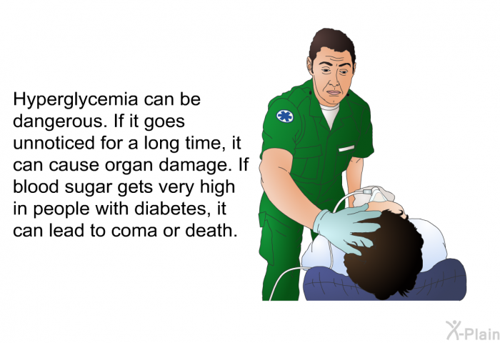 Hyperglycemia can be dangerous. If it goes unnoticed for a long time, it can cause organ damage. If blood sugar gets very high in people with diabetes, it can lead to coma or death.