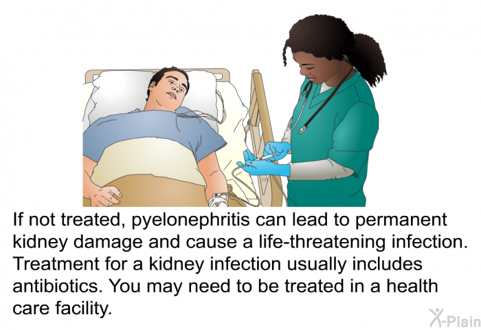 If not treated, pyelonephritis can lead to permanent kidney damage and cause a life-threatening infection. Treatment for a kidney infection usually includes antibiotics. You may need to be treated in a health care facility.