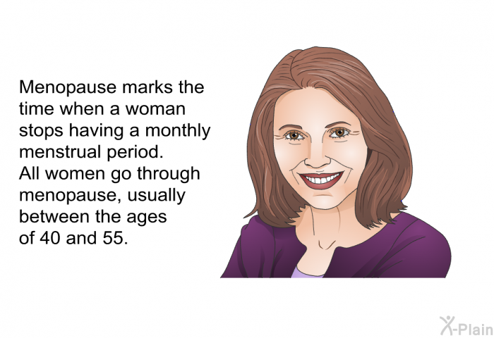 Menopause marks the time when a woman stops having a monthly menstrual period. All women go through menopause, usually between the ages of 40 and 55.