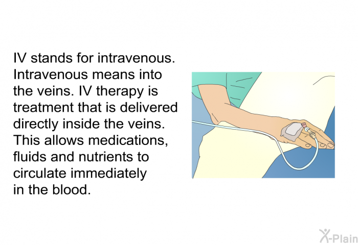 IV stands for intravenous. Intravenous means into the veins. IV therapy is treatment that is delivered directly inside the veins. This allows medications, fluids and nutrients to circulate immediately in the blood.