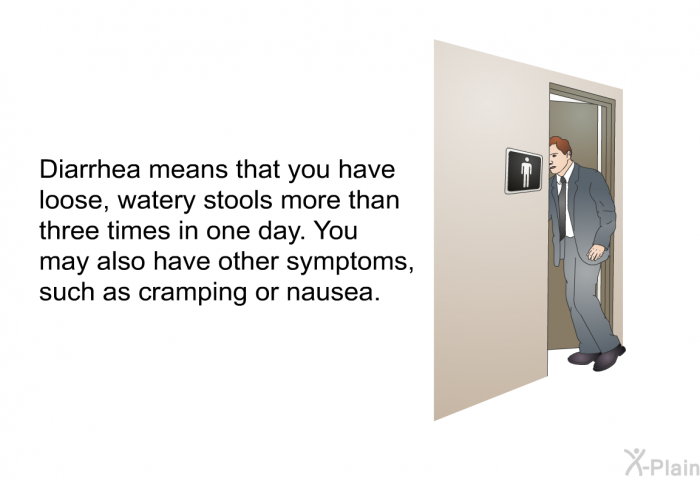 Diarrhea means that you have loose, watery stools more than three times in one day. You may also have other symptoms, such as cramping or nausea.