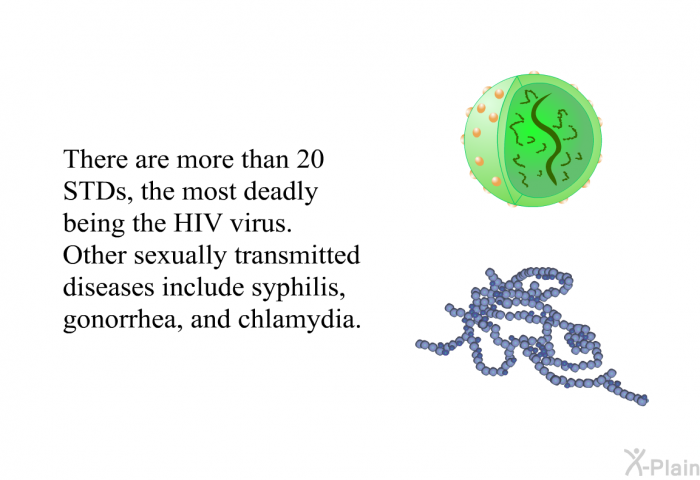 There are more than 20 STDs, the most deadly being the HIV virus. Other sexually transmitted diseases include syphilis, gonorrhea, and chlamydia.