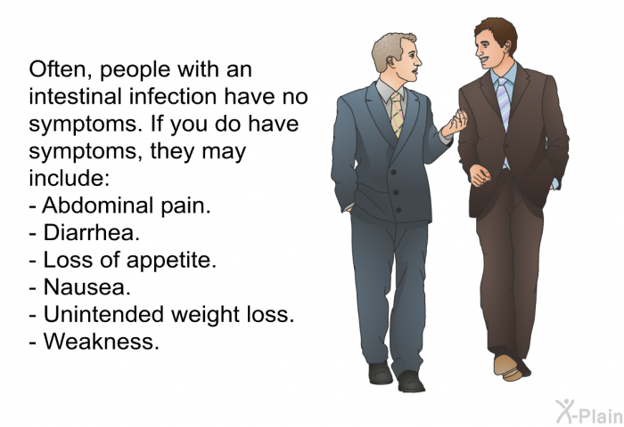 Often, people with an intestinal infection have no symptoms. If you do have symptoms, they may include:  Abdominal pain. Diarrhea. Loss of appetite. Nausea. Unintended weight loss. Weakness.