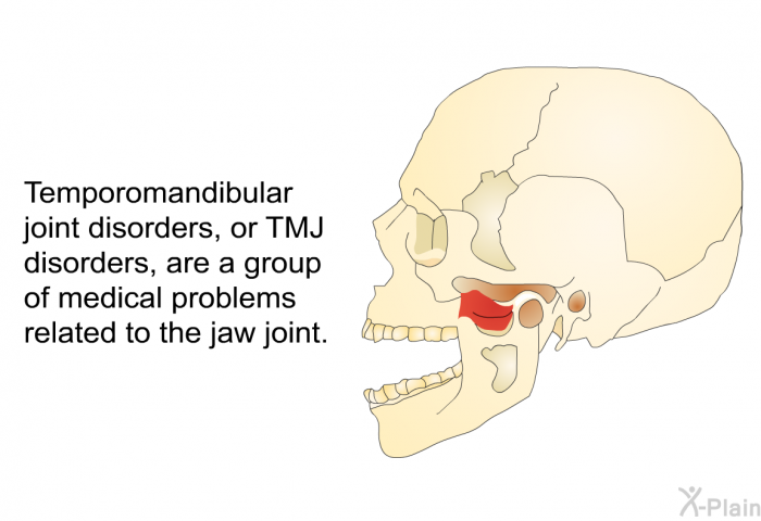 Temporomandibular joint disorders, or TMJ disorders, are a group of medical problems related to the jaw joint.