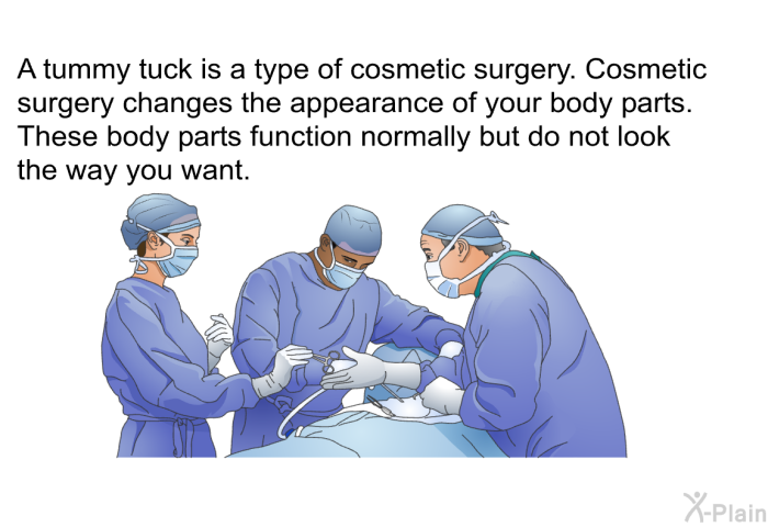 A tummy tuck is a type of cosmetic surgery. Cosmetic surgery changes the appearance of your body parts. These body parts function normally but do not look the way you want.