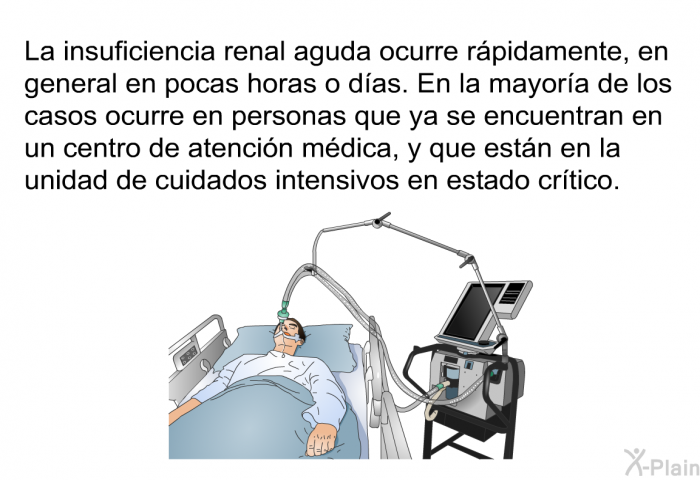 La insuficiencia renal aguda ocurre rpidamente, en general en pocas horas o das. En la mayora de los casos ocurre en personas que ya se encuentran en un centro de atencin mdica, y que estn en la unidad de cuidados intensivos en estado crtico.