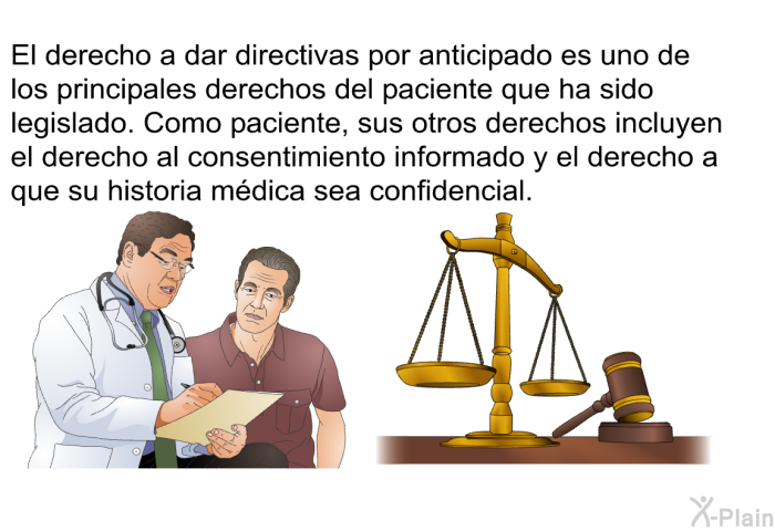 El derecho a dar directivas por anticipado es uno de los principales derechos del paciente que ha sido legislado. Como paciente, sus otros derechos incluyen el derecho al consentimiento informado y el derecho a que su historia mdica sea confidencial.