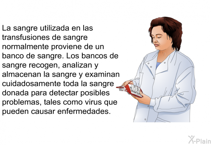 La sangre utilizada en las transfusiones de sangre normalmente proviene de un banco de sangre. Los bancos de sangre recogen, analizan y almacenan la sangre y examinan cuidadosamente toda la sangre donada para detectar posibles problemas, tales como virus que pueden causar enfermedades.