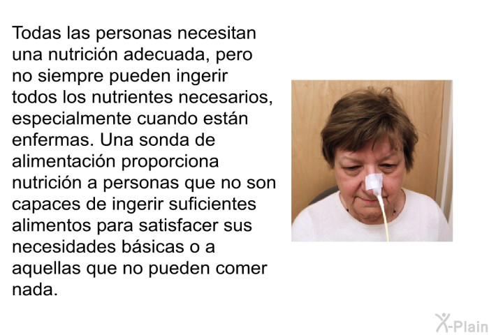 Todas las personas necesitan una nutricin adecuada, pero no siempre pueden ingerir todos los nutrientes necesarios, especialmente cuando estn enfermas. Una sonda de alimentacin proporciona nutricin a personas que no son capaces de ingerir suficientes alimentos para satisfacer sus necesidades bsicas o a aquellas que no pueden comer nada.