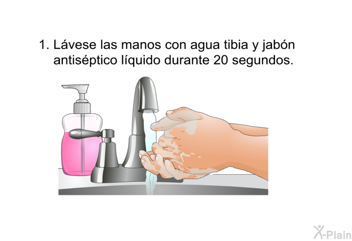 Lvese las manos con agua tibia y jabn antisptico lquido durante 20 segundos.