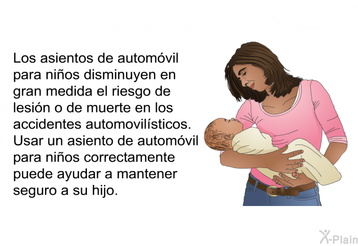 Los asientos de automvil para nios disminuyen en gran medida el riesgo de lesin o de muerte en los accidentes automovilsticos. Usar un asiento de automvil para nios correctamente puede ayudar a mantener seguro a su hijo.