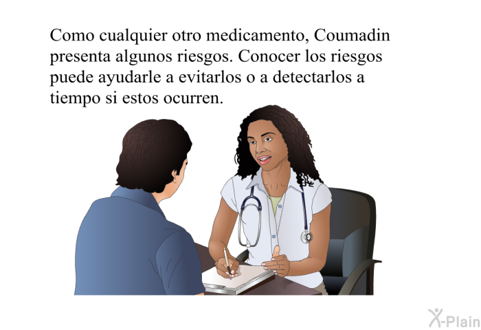 Como cualquier otro medicamento, Coumadin presenta algunos riesgos. Conocer los riesgos puede ayudarle a evitarlos o a detectarlos a tiempo si estos ocurren.