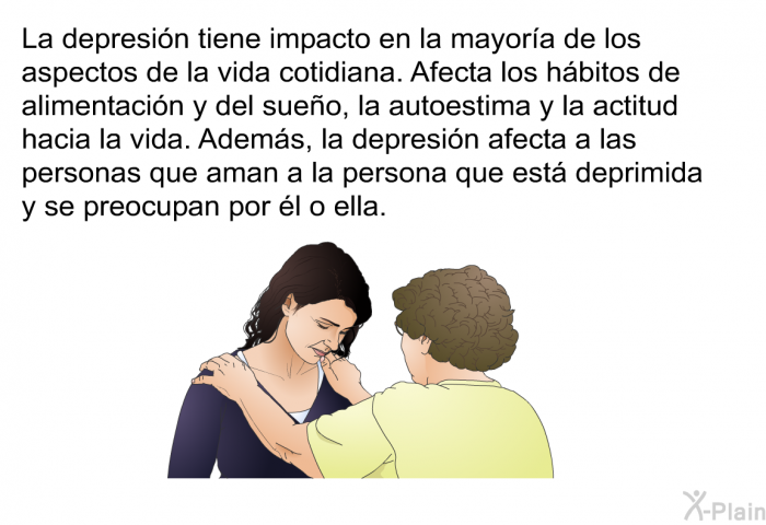 La depresin tiene impacto en la mayora de los aspectos de la vida cotidiana. Afecta los hbitos de alimentacin y del sueo, la autoestima y la actitud hacia la vida. Adems, la depresin afecta a las personas que aman a la persona que est deprimida y se preocupan por l o ella.