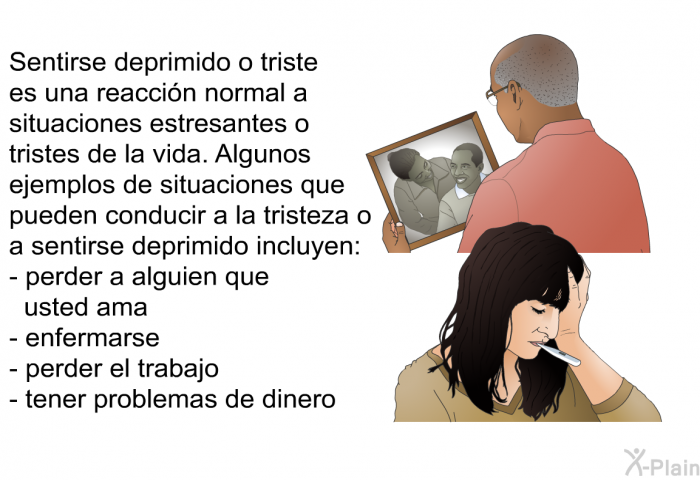 Sentirse deprimido o triste es una reaccin normal a situaciones estresantes o tristes de la vida. Algunos ejemplos de situaciones que pueden conducir a la tristeza o a sentirse deprimido incluyen:  perder a alguien que usted ama enfermarse perder el trabajo tener problemas de dinero