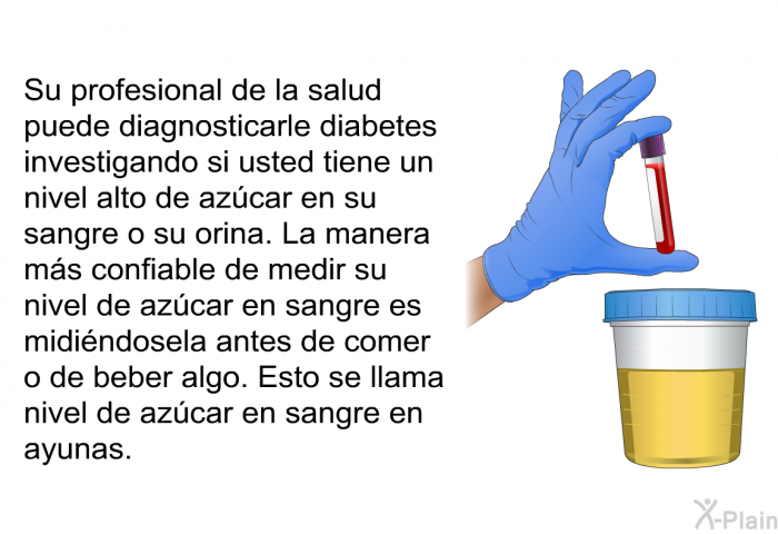 Su profesional de la salud puede diagnosticarle diabetes investigando si usted tiene un nivel alto de azcar en su sangre o su orina. La manera ms confiable de medir su nivel de azcar en sangre es midindosela antes de comer o de beber algo. Esto se llama nivel de azcar en sangre en ayunas.