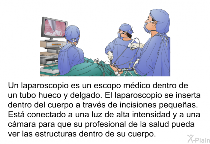 Un laparoscopio es un escopo mdico dentro de un tubo hueco y delgado. El laparoscopio se inserta dentro del cuerpo a travs de incisiones pequeas. Est conectado a una luz de alta intensidad y a una cmara para que su profesional de la salud pueda ver las estructuras dentro de su cuerpo.