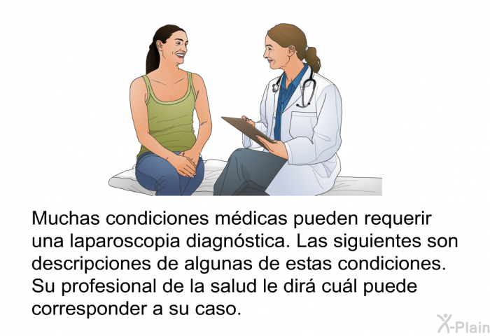 Muchas condiciones mdicas pueden requerir una laparoscopia diagnstica. Las siguientes son descripciones de algunas de estas condiciones. Su profesional de la salud le dir cul puede corresponder a su caso.