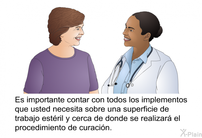 Es importante contar con todos los implementos que usted necesita sobre una superficie de trabajo estril y cerca de donde se realizar el procedimiento de curacin.