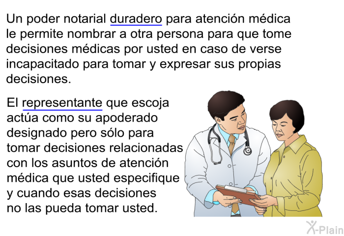 Un poder notarial duradero para atencin mdica le permite nombrar a otra persona para que tome decisiones mdicas por usted en caso de verse incapacitado para tomar y expresar sus propias decisiones. El representante que escoja acta como su apoderado designado pero slo para tomar decisiones relacionadas con los asuntos de atencin mdica que usted especifique y cuando esas decisiones no las pueda tomar usted.