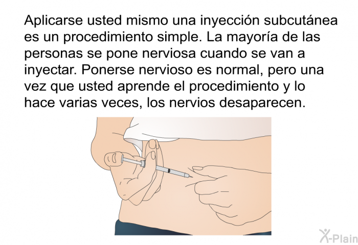 Aplicarse usted mismo una inyeccin subcutnea es un procedimiento simple. La mayora de las personas se pone nerviosa cuando se van a inyectar. Ponerse nervioso es normal, pero una vez que usted aprende el procedimiento y lo hace varias veces, los nervios desaparecen.