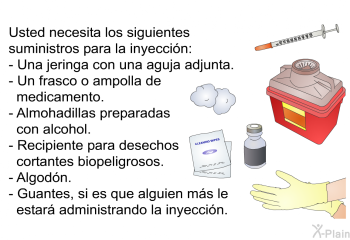 Usted necesita los siguientes suministros para la inyeccin:  Una jeringa con una aguja adjunta. Un frasco o ampolla de medicamento. Almohadillas preparadas con alcohol. Recipiente para desechos cortantes biopeligrosos. Algodn. Guantes, si es que alguien ms le estar administrando la inyeccin.