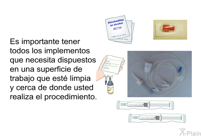 Es importante tener todos los implementos que necesita dispuestos en una superficie de trabajo que est limpia y cerca de donde usted realiza el procedimiento.