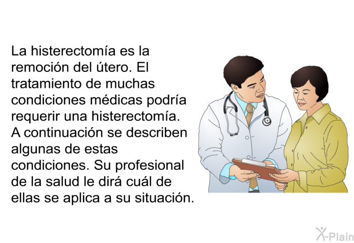 La histerectoma es la remocin del tero. El tratamiento de muchas condiciones mdicas podra requerir una histerectoma. A continuacin se describen algunas de estas condiciones. Su profesional de la salud le dir cul de ellas se aplica a su situacin.