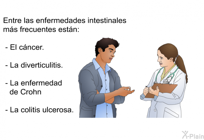 Entre las enfermedades intestinales ms frecuentes estn:  El cncer. La diverticulitis. La enfermedad de Crohn. La colitis ulcerosa.