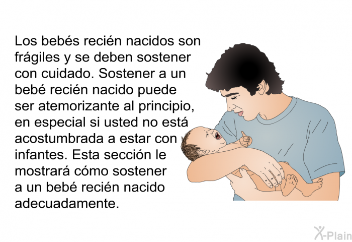 Los bebs recin nacidos son frgiles y se deben sostener con cuidado. Sostener a un beb recin nacido puede ser atemorizante al principio, en especial si usted no est acostumbrada a estar con infantes. Esta seccin le mostrar cmo sostener a un beb recin nacido adecuadamente.