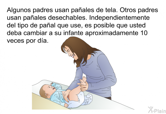 Algunos padres usan paales de tela. Otros padres usan paales desechables. Independientemente del tipo de paal que use, es posible que usted deba cambiar a su infante aproximadamente 10 veces por da.