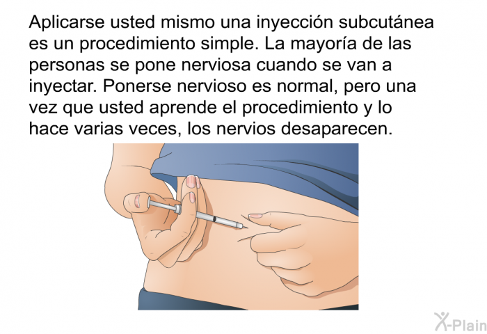 Aplicarse usted mismo una inyeccin subcutnea es un procedimiento simple. La mayora de las personas se pone nerviosa cuando se van a inyectar. Ponerse nervioso es normal, pero una vez que usted aprende el procedimiento y lo hace varias veces, los nervios desaparecen.