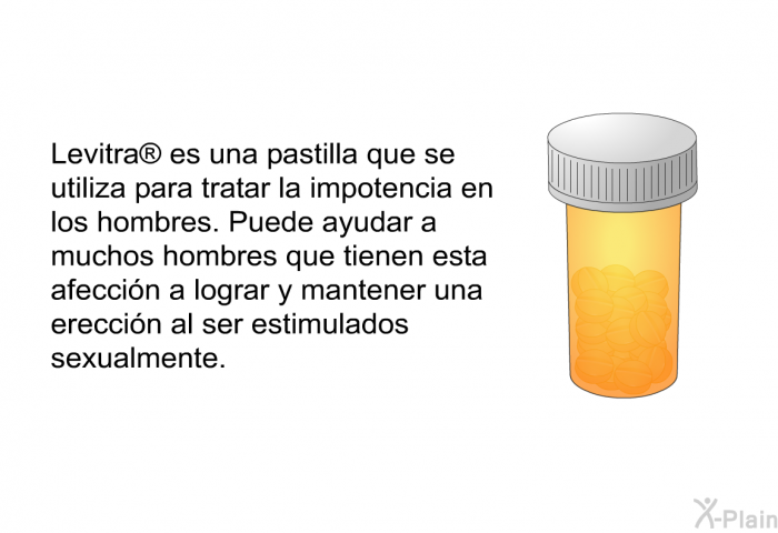 Levitra  es una pastilla que se utiliza para tratar la impotencia en los hombres. Puede ayudar a muchos hombres que tienen esta afeccin a lograr y mantener una ereccin al ser estimulados sexualmente.