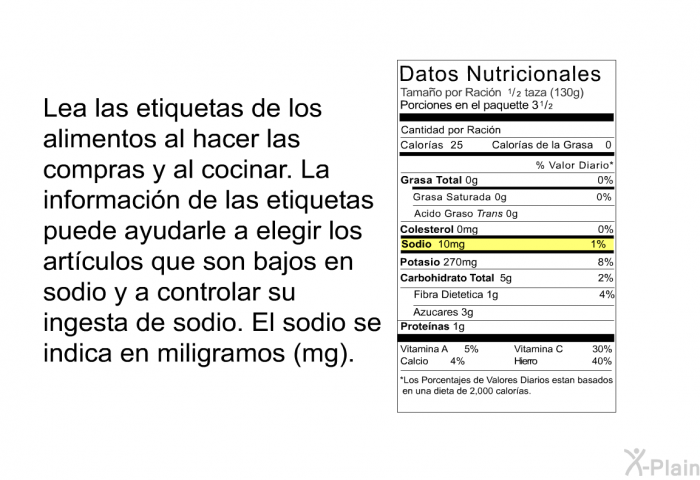 Lea las etiquetas de los alimentos al hacer las compras y al cocinar. La informacin de las etiquetas puede ayudarle a elegir los artculos que son bajos en sodio y a controlar su ingesta de sodio. El sodio se indica en miligramos (mg).