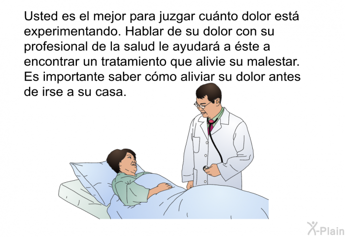 Usted es el mejor para juzgar cunto dolor est experimentando. Hablar de su dolor con su profesional de la salud le ayudar a ste a encontrar un tratamiento que alivie su malestar. Es importante saber cmo aliviar su dolor antes de irse a su casa.