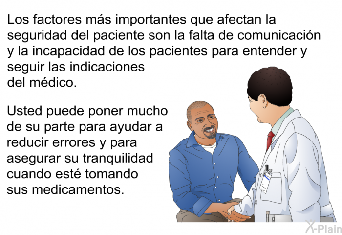 Los factores ms importantes que afectan la seguridad del paciente son la falta de comunicacin y la incapacidad de los pacientes para entender y seguir las indicaciones del mdico. Usted puede poner mucho de su parte para ayudar a reducir errores y para asegurar su tranquilidad cuando est tomando sus medicamentos.