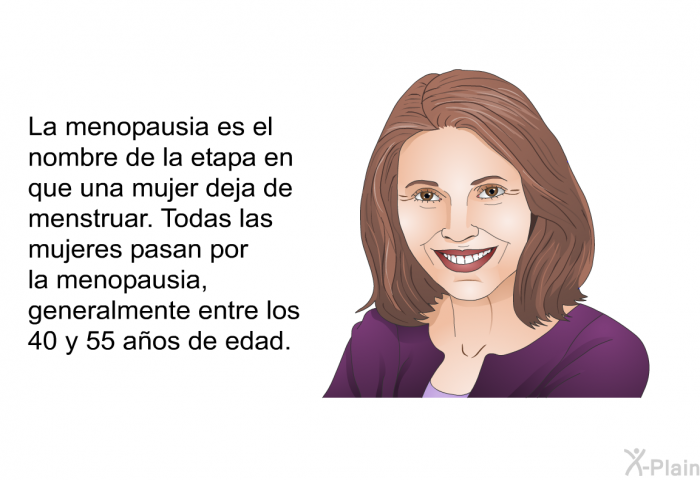 La menopausia es el nombre de la etapa en que una mujer deja de menstruar. Todas las mujeres pasan por la menopausia, generalmente entre los 40 y 55 aos de edad.