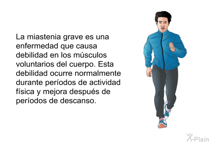 La miastenia grave es una enfermedad que causa debilidad en los msculos voluntarios del cuerpo. Esta debilidad ocurre normalmente durante perodos de actividad fsica y mejora despus de perodos de descanso.