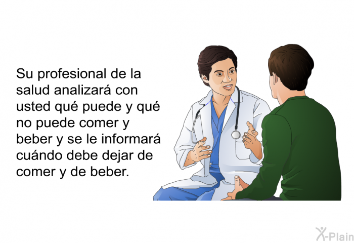 Su profesional de la salud analizar con usted qu puede y qu no puede comer y beber y se le informar cundo debe dejar de comer y de beber.