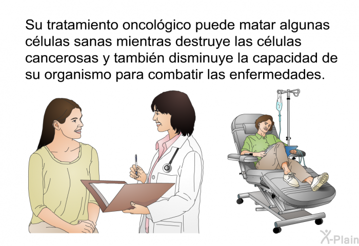 Su tratamiento oncolgico puede matar algunas clulas sanas mientras destruye las clulas cancerosas y tambin disminuye la capacidad de su organismo para combatir las enfermedades.