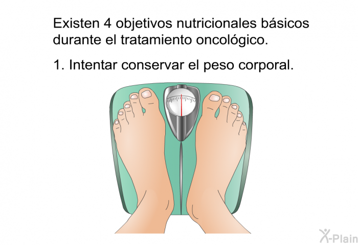 Existen 4 objetivos nutricionales bsicos durante el tratamiento oncolgico.  Intentar conservar el peso corporal.