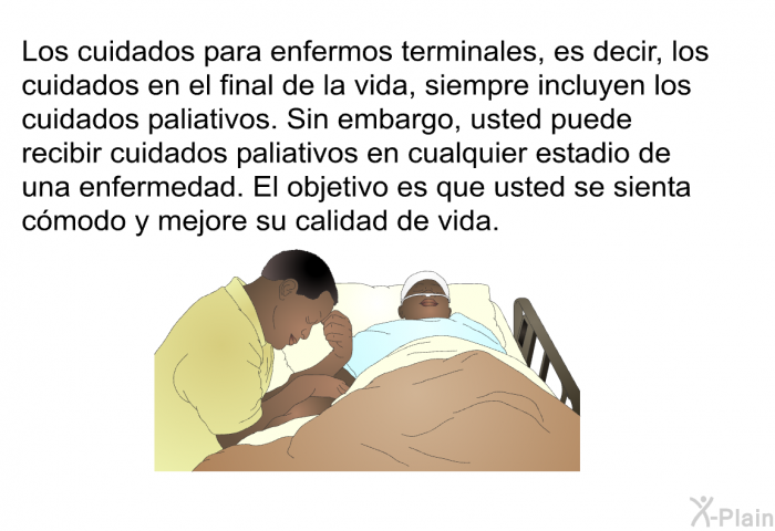 Los cuidados para enfermos terminales, es decir, los cuidados en el final de la vida, siempre incluyen los cuidados paliativos. Sin embargo, usted puede recibir cuidados paliativos en cualquier estadio de una enfermedad. El objetivo es que usted se sienta cmodo y mejore su calidad de vida.