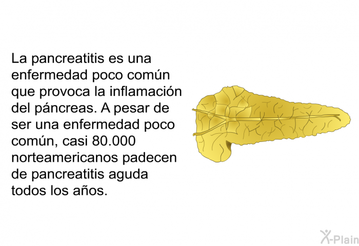 La pancreatitis es una enfermedad poco comn que provoca la inflamacin del pncreas. A pesar de ser una enfermedad poco comn, casi 80,000 norteamericanos padecen de pancreatitis aguda todos los aos.