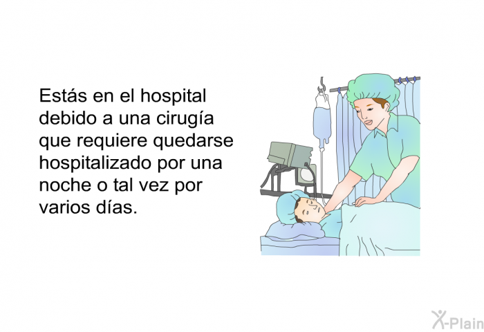 Ests en el hospital debido a una ciruga que requiere quedarse hospitalizado por una noche o tal vez por varios das.