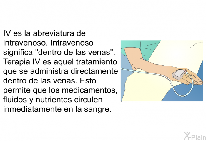 IV es la abreviatura de intravenoso. Intravenoso significa “dentro de las venas”. Terapia IV es aquel tratamiento que se administra directamente dentro de las venas. Esto permite que los medicamentos, fluidos y nutrientes circulen inmediatamente en la sangre.